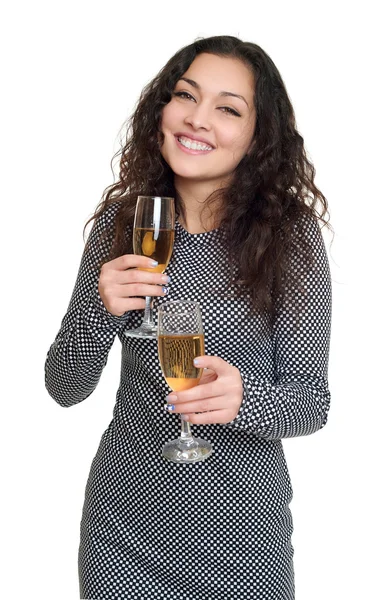 Chica con retrato de belleza de cristal de champán, vestido a cuadros blanco y negro, pelo largo y rizado, concepto de glamour, aislado sobre fondo blanco —  Fotos de Stock