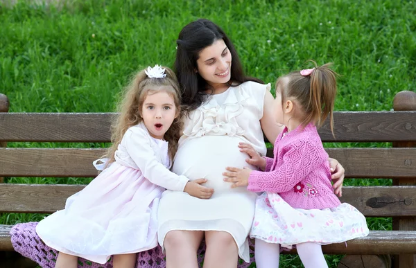 Family on outdoor, pregnant woman with child in city park, surprised girl open mouth and say wow, summer season, green grass and trees — Stock Photo, Image