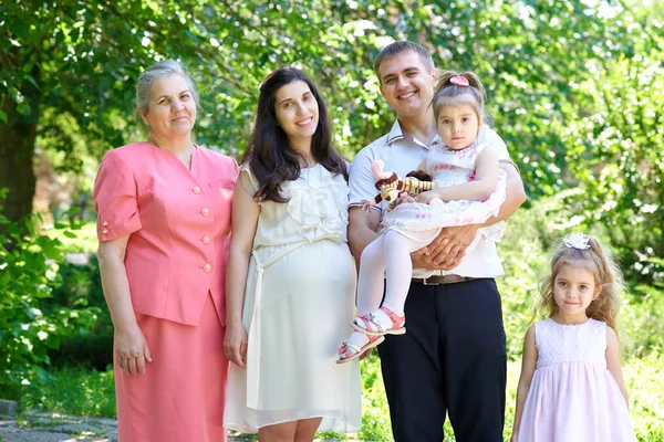 Velká rodina a těhotná žena v městském parku, letní sezóny, zelená tráva a stromy — Stock fotografie