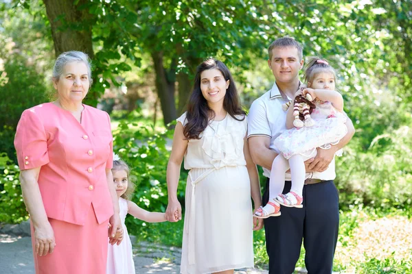 Velká rodina a těhotná žena v městském parku, letní sezóny, zelená tráva a stromy — Stock fotografie