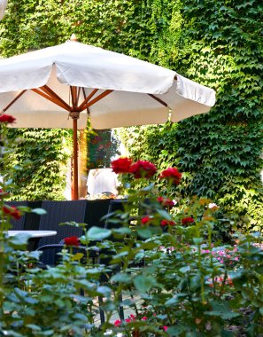Yaz sokak kafe iç yeşil şehir Park, çiçekler ve dekoratif öğeler ile süslü beyaz şemsiye ile