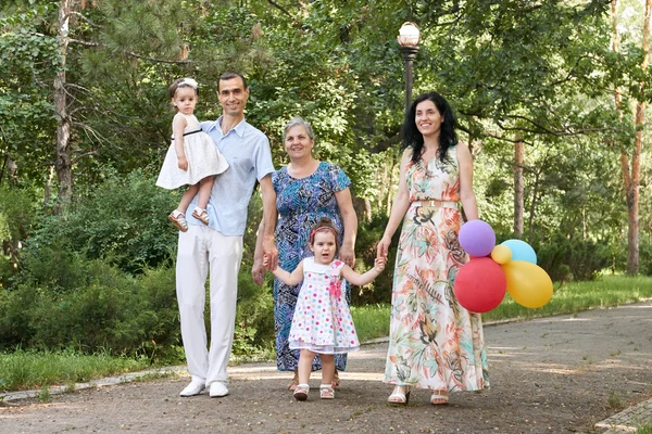 Velká rodina chodit v létě městský park, rodiče s dítětem a babička, letní sezóny, zelené trávy a stromů — Stock fotografie