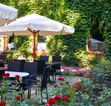 Yaz sokak kafe iç yeşil şehir Park, çiçekler ve dekoratif öğeler, beyaz şemsiye ile süslü