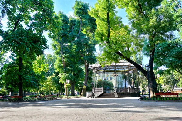 Zielonym parkiem miejskim, w sezonie letnim, jasnym świetle słonecznym i cienie, piękny krajobraz, domu i ludzi na ulicy — Zdjęcie stockowe