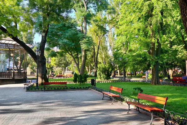 Parque de la ciudad en el centro de la ciudad, temporada de verano, luz solar brillante y sombras, hermoso paisaje, hogar y gente en la calle — Foto de Stock