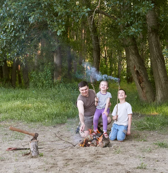 Camping en forêt, famille active dans la nature, feu de bois, saison estivale — Photo