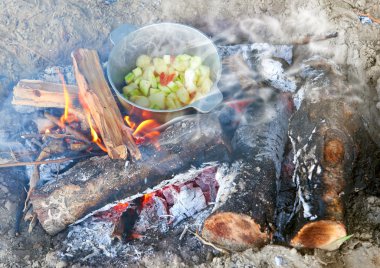 Yangın piknik, ahşap, patates ve domates, sağlıklı Vejetaryen yiyecekler tencerede hazırlanan yemek pişirme