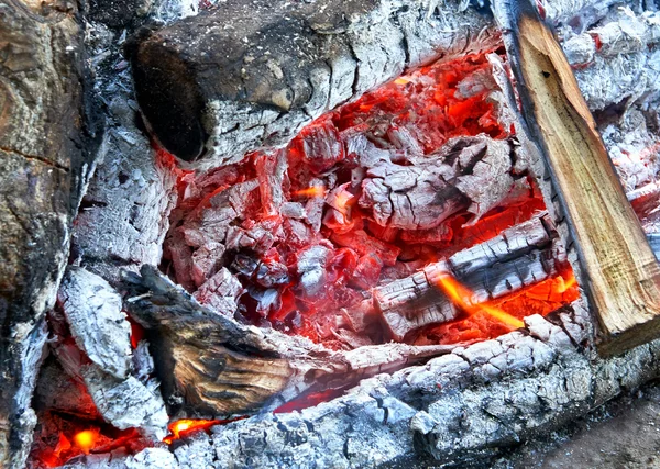 Hořící oheň a uhlí closeup — Stock fotografie