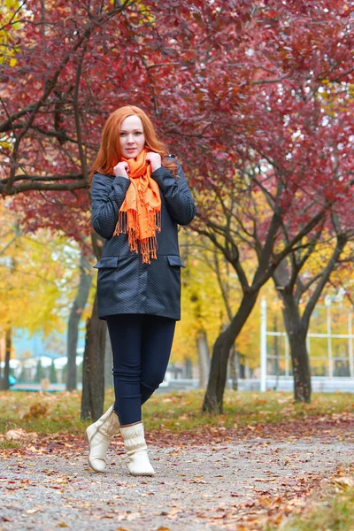 Girl walk on pathway in city park with red trees, fall season — Stock Photo, Image