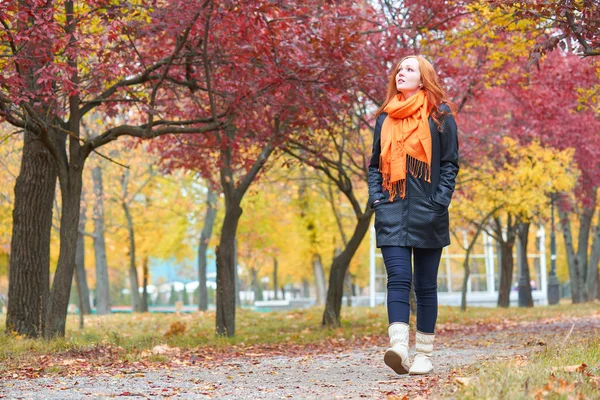 Menina caminhar no caminho no parque da cidade com árvores vermelhas, época de outono — Fotografia de Stock