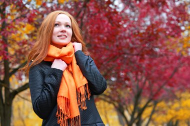 kız portre Sonbahar sezonu, aramak, kırmızı ve sarı yaprakları arka plan