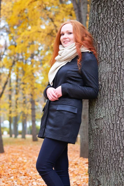 Retrato de niña en el bosque de otoño, de pie cerca de árbol grande — Foto de Stock