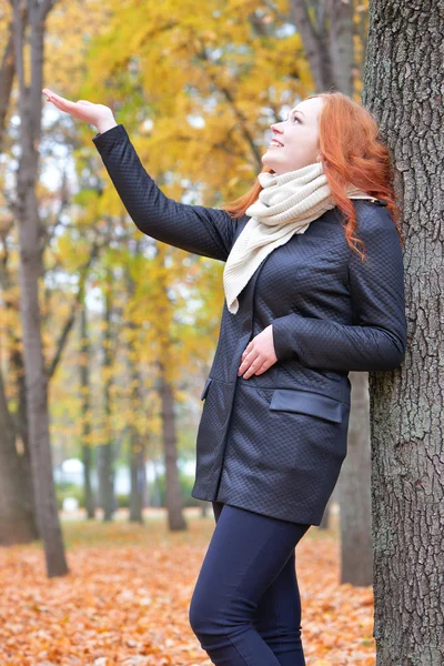 Girl portrait in autumn forest, stand near big tree — Stock Photo, Image