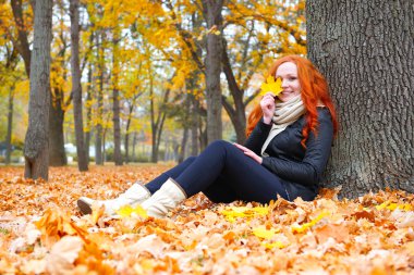 sonbahar ormandaki düşen sarı yapraklar kız otur