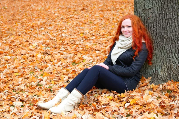Niña sentarse en hojas amarillas caídas en el bosque de otoño —  Fotos de Stock