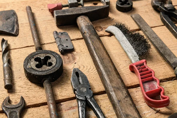 Variety Old Vintage Household Hand Tools Still Life Wooden Background — Stock Photo, Image