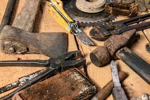 Old Vintage Household Hand Tools Still Life Wooden Background Diy — Stock Photo, Image