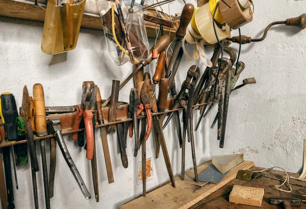Variety Old Vintage Modern Household Hand Tools Garage Shelves Diy — Stock Photo, Image