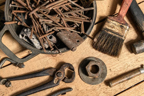 Viejas Herramientas Domésticas Vintage Bodegón Sobre Fondo Madera Concepto Bricolaje — Foto de Stock