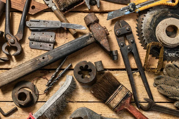 Viejas Herramientas Domésticas Vintage Bodegón Sobre Fondo Madera Concepto Bricolaje — Foto de Stock