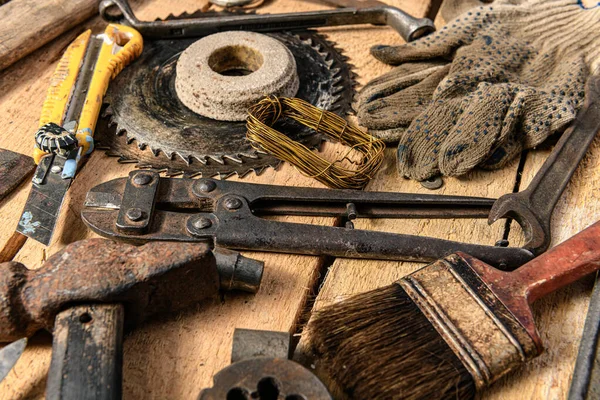 Viejas Herramientas Domésticas Vintage Bodegón Sobre Fondo Madera Concepto Bricolaje — Foto de Stock