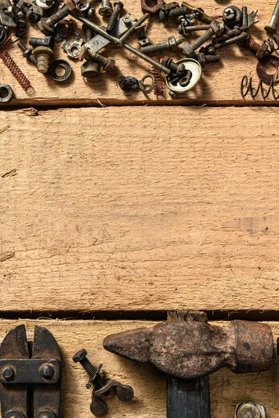 Oude Vintage Huishoudelijke Handgereedschap Stilleven Een Houten Achtergrond Met Copyspace — Stockfoto