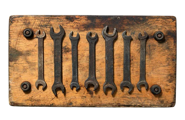 Old Vintage Hand Tool Set Wrenches Wooden Background Object Retro — Stock Photo, Image