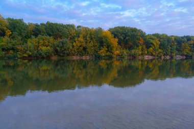 Akşamları renkli sonbahar ormanı manzarası. Nehir ve mavi gökyüzü yakınlarındaki ağaçlar.