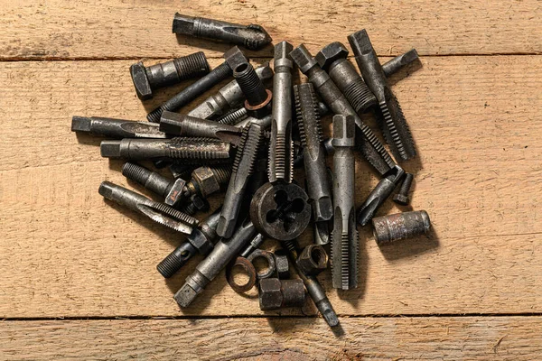 Old Vintage Hand Tools Drills Threading Die Wooden Background — Stock Photo, Image