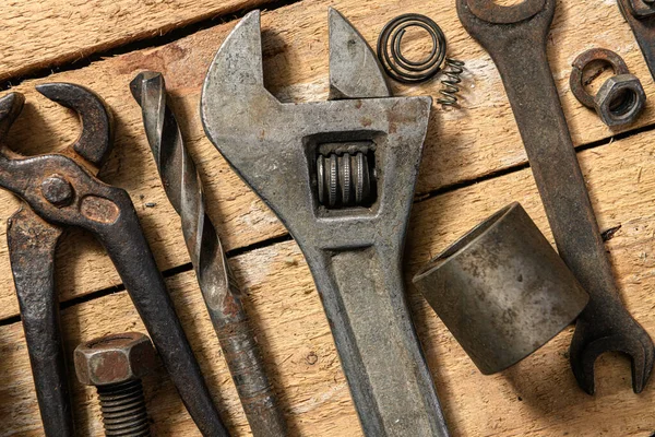 Gamla Vintage Hushåll Handverktyg Stilleben Trä Bakgrund Diy Och Reparation — Stockfoto