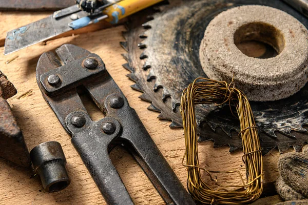 Oude Vintage Huishoudelijke Handgereedschap Stilleven Een Houten Achtergrond Een Diy — Stockfoto