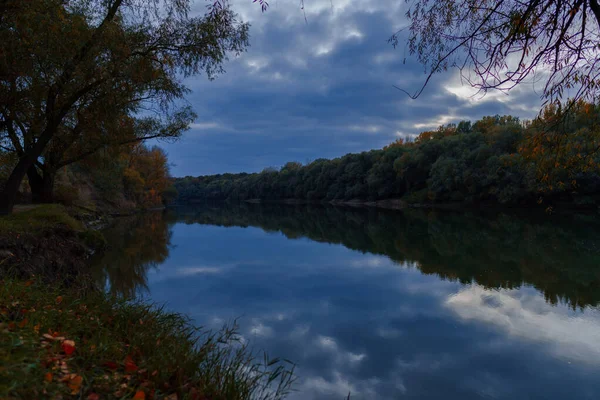 Jesienny Krajobraz Zapadający Zmrok Ciemny Las Drzewa Pobliżu Rzeki Błękitne — Zdjęcie stockowe