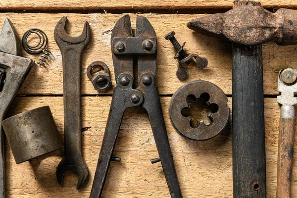 Viejas Herramientas Domésticas Vintage Bodegón Sobre Fondo Madera Concepto Bricolaje — Foto de Stock