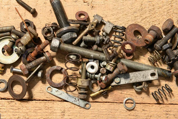 Old Vintage Hand Tools Set Screws Nuts Wooden Background — Stock Photo, Image