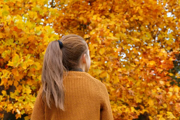 Tiener Meisje Herfst Stadspark Zoek Naar Een Achtergrond Van Gele — Stockfoto