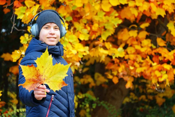 Ritratto Adolescente Che Ascolta Musica Con Cuffie Relax Nel Parco — Foto Stock