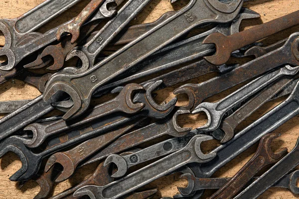 Old Vintage Hand Tools Set Wrenches Wooden Background — Stock Photo, Image