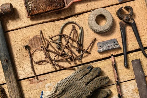 Viejas Herramientas Domésticas Vintage Bodegón Sobre Fondo Madera Concepto Bricolaje — Foto de Stock