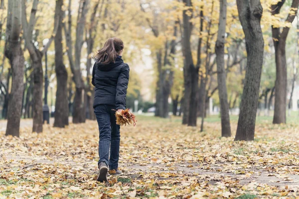 Dziewczyna Biegnie Przez Park Cieszy Się Jesienią Piękna Przyroda Żółtymi — Zdjęcie stockowe