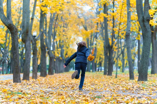 Uma Menina Correndo Pelo Parque Goza Outono Bela Natureza Com — Fotografia de Stock