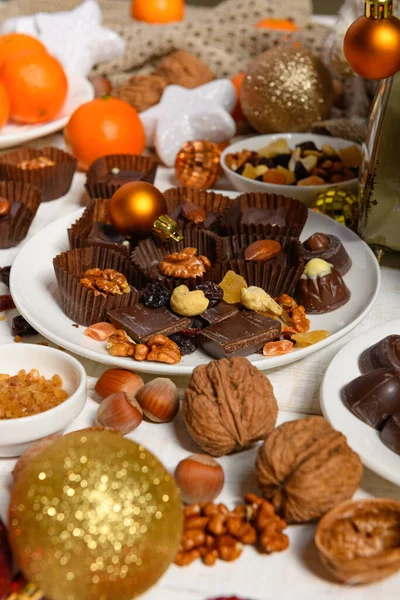 Fundo Comida Doce Para Natal Decoração Férias Doces Chocolate Tangerinas — Fotografia de Stock
