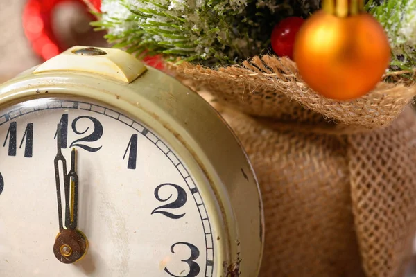 Retro Alarm Clock Decorated Christmas Tree New Year Holiday Decoration — Stock Photo, Image
