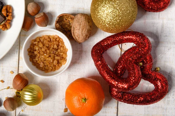 Fondo Alimentos Dulces Para Navidad Decoración Navideña Caramelos Chocolate Mandarinas — Foto de Stock