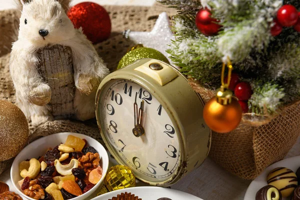 Fond Aliments Sucrés Pour Décoration Noël Vacances Bonbons Chocolat Mandarines — Photo