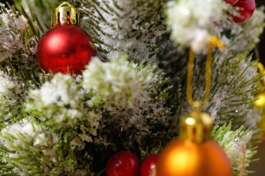 Yeni yıl ya da tatil dekorasyonu kavramına yakın dallarda karla süslenmiş Noel ağacı.