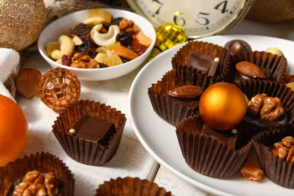 Fundo Comida Doce Para Natal Decoração Férias Doces Chocolate Tangerinas — Fotografia de Stock