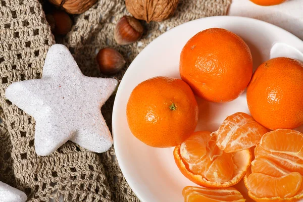 Sweet Food Background Christmas Holiday Decoration Tangerines Nuts Dried Fruits — ストック写真