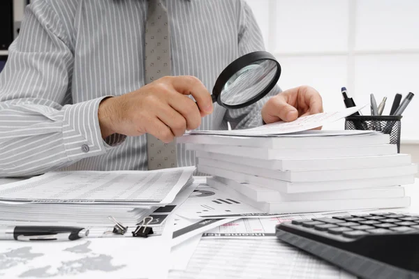 Business Concept Businessman Working Table Close View Checks Financial Reports — Stock Photo, Image