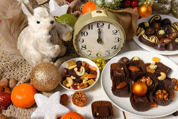 Fond Aliments Sucrés Pour Décoration Noël Vacances Bonbons Chocolat Mandarines — Photo