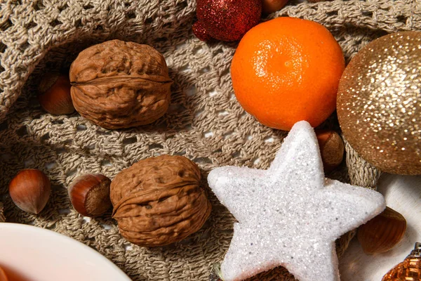 Sweet Food Background Christmas Holiday Decoration Tangerines Nuts Dried Fruits — Zdjęcie stockowe